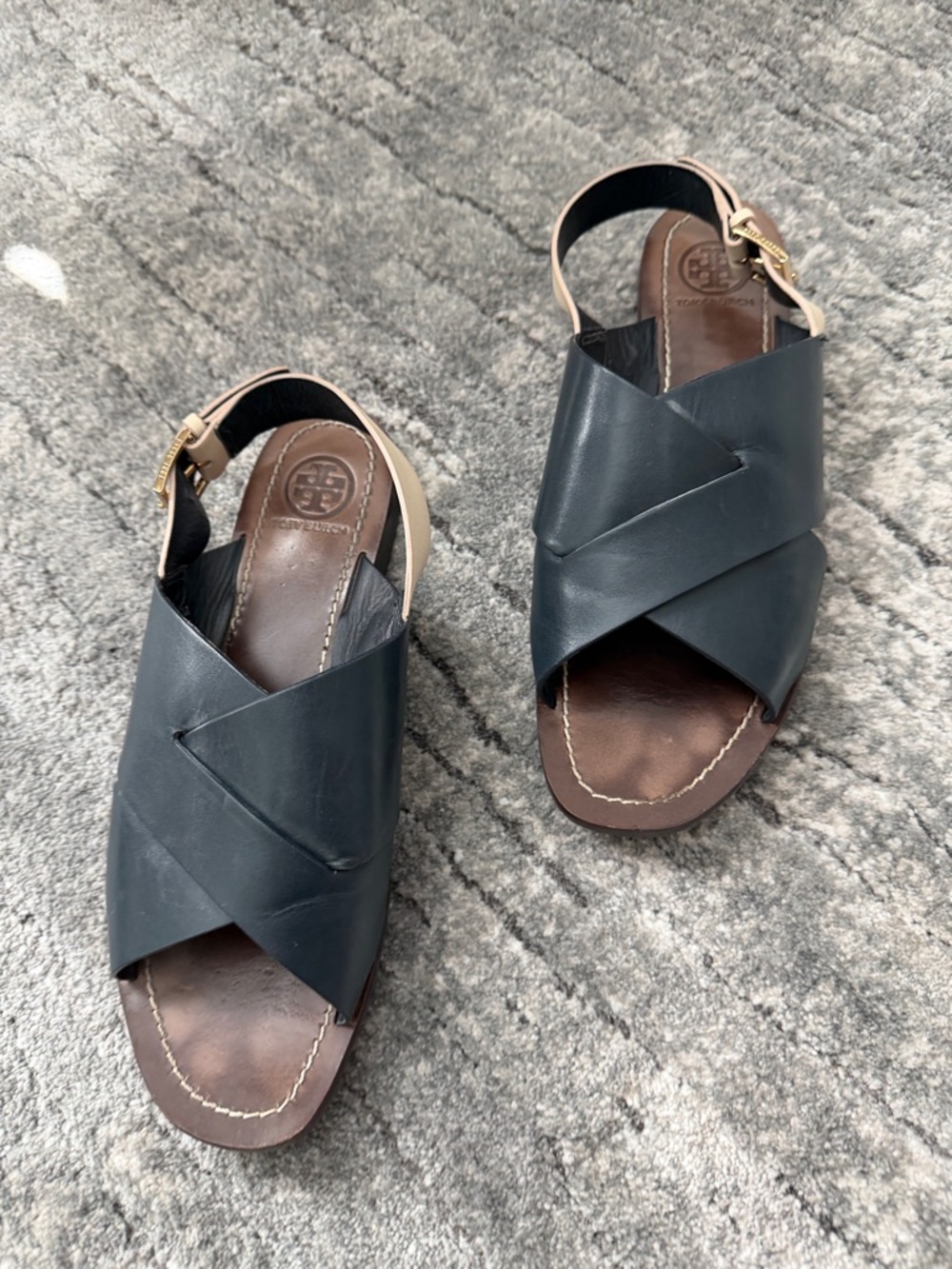 Tory Burch Navy Leather Crisscross Slingback Sandals with Gold Buckle